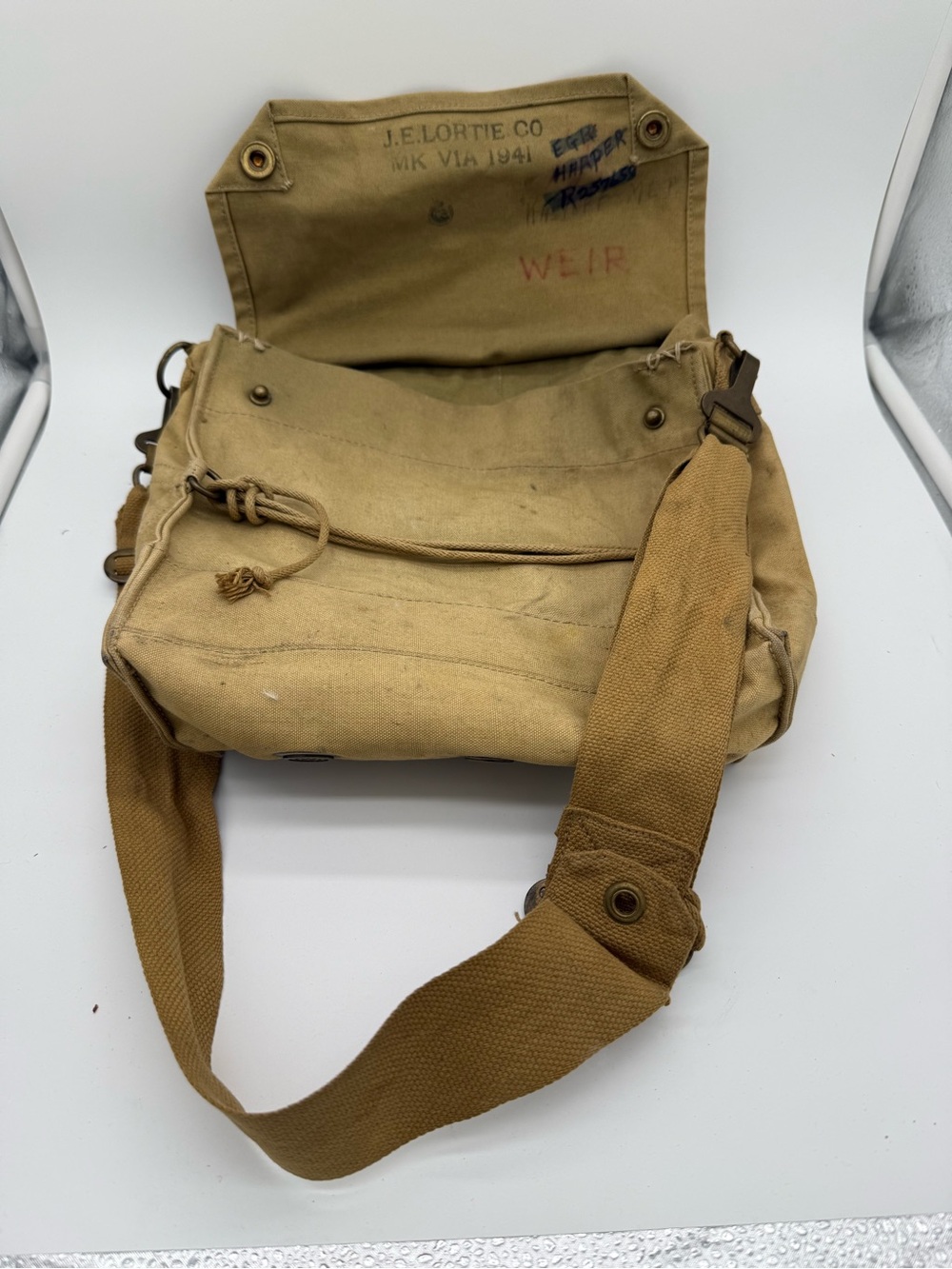 Vintage WWII 1941 J.A. Lortie Co Canvas Haversack Bag Named Soldier Weir Harper